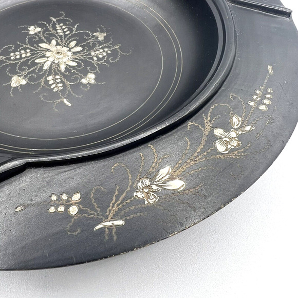 Vintage Matte Black Metal Ashtray With Gold Toned Etched Floral Designs, Boho - Picture 6 of 10